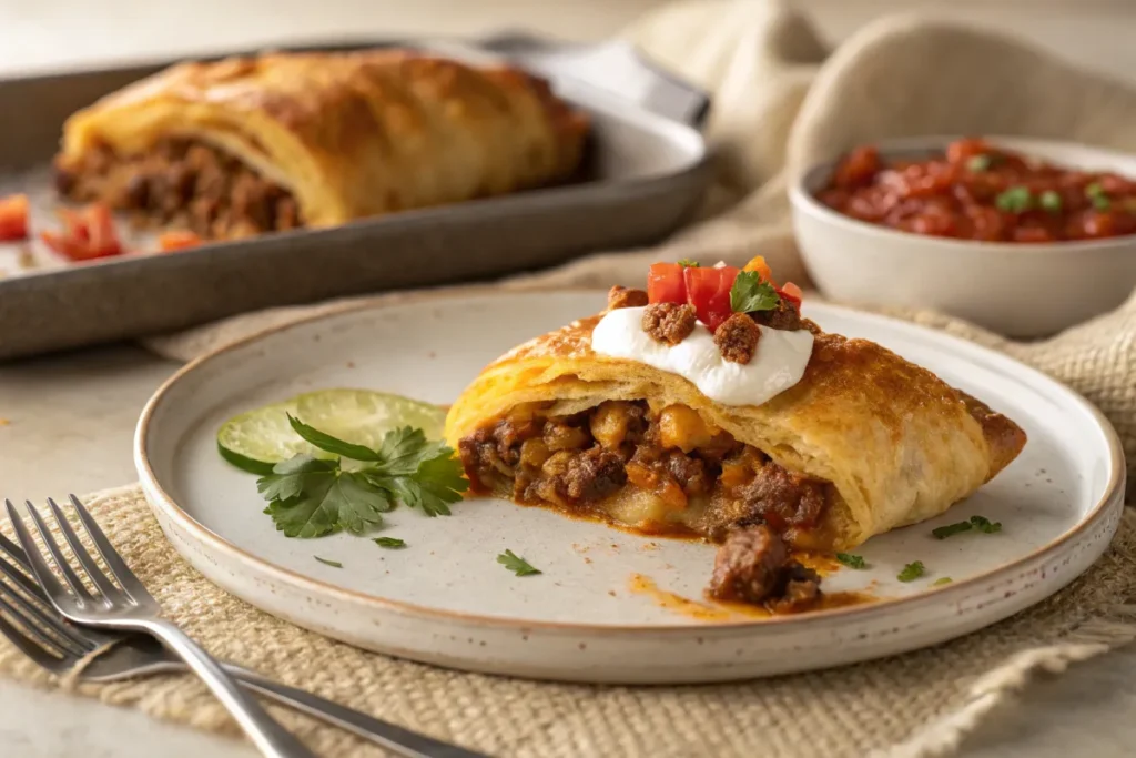 "A beautifully plated individual serving of Pillsbury Crescent Roll Taco Bake, topped with sour cream, diced tomatoes, and garnished with lime and cilantro."