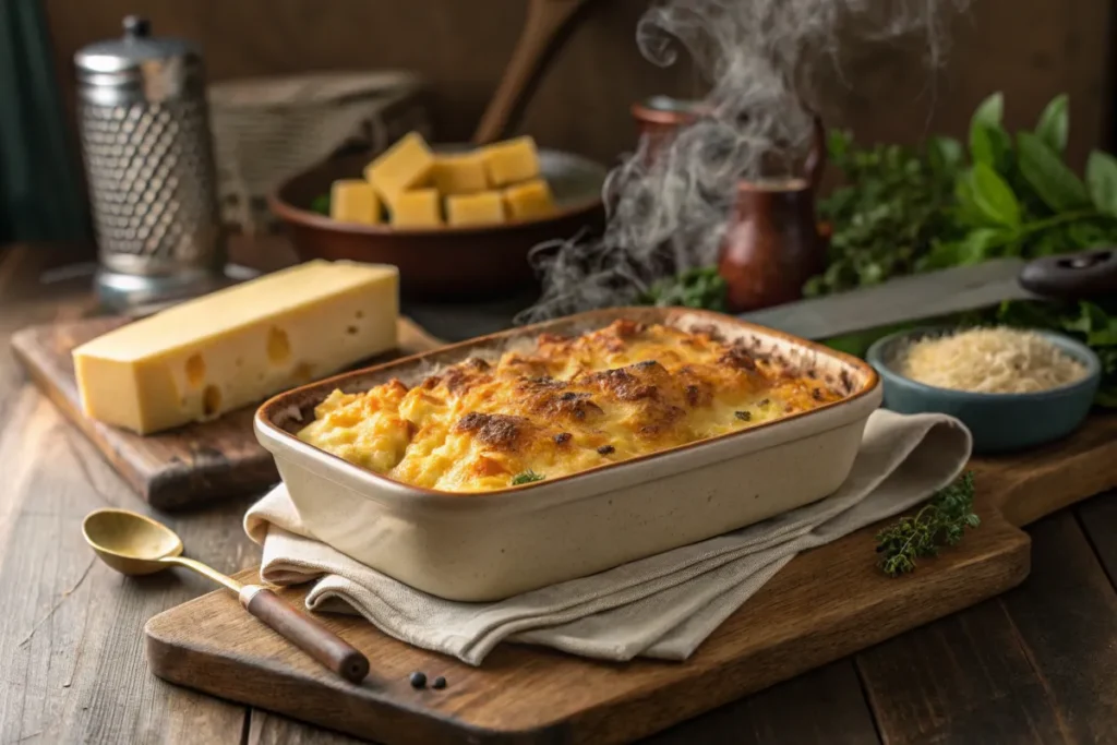 A freshly baked Mac and Cheese Meatloaf Casserole in a ceramic dish, with steam rising and golden, bubbly cheese on top.