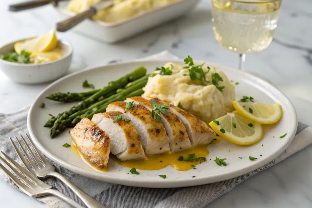 A beautifully plated serving of sliced baked lemon butter chicken with mashed potatoes, roasted asparagus, and lemon slices, garnished with parsley.