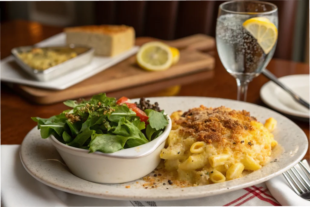 Plated baked mac and cheese with a green salad and sparkling water.