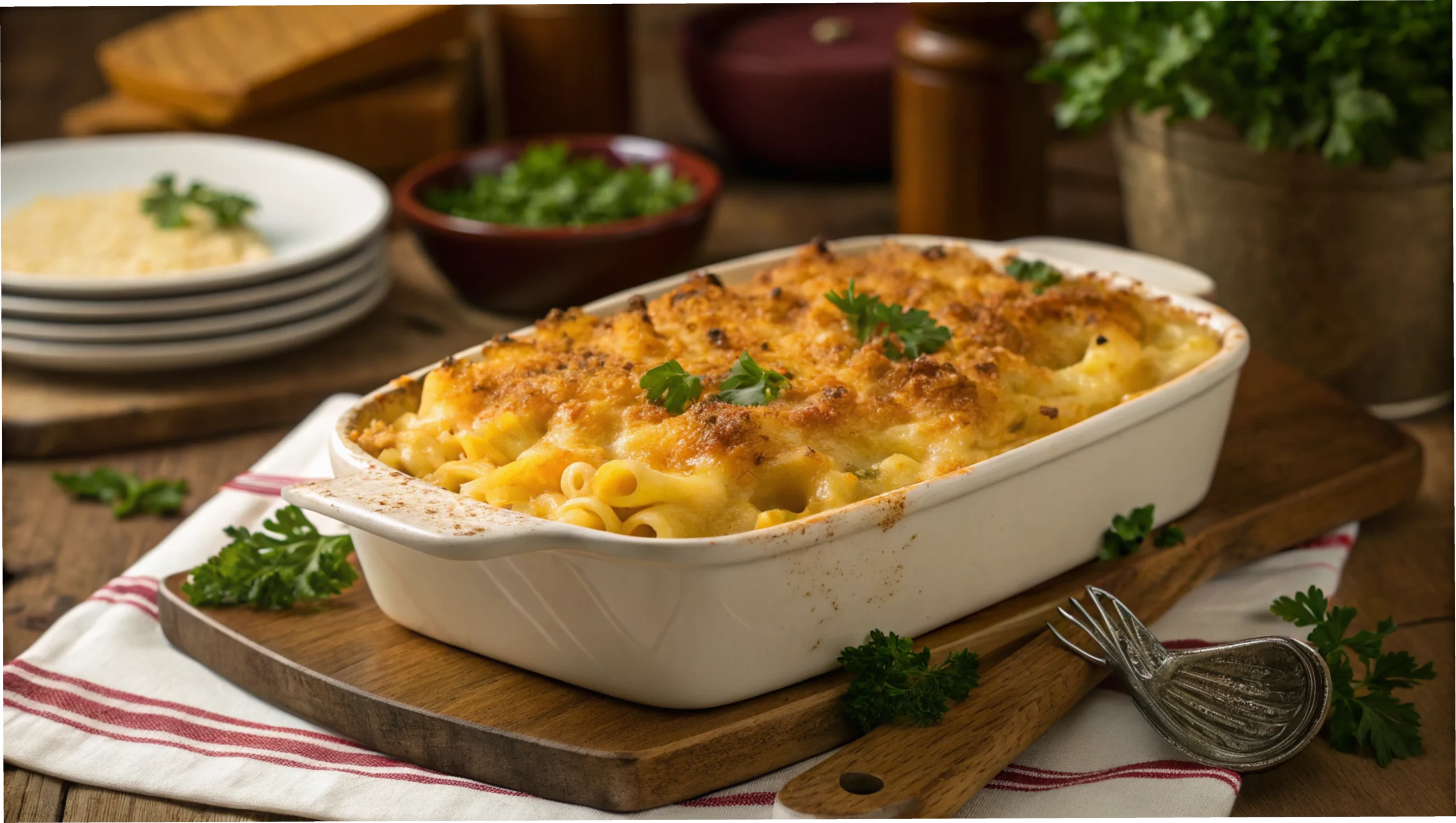 Golden baked mac and cheese with crispy topping and parsley garnish.