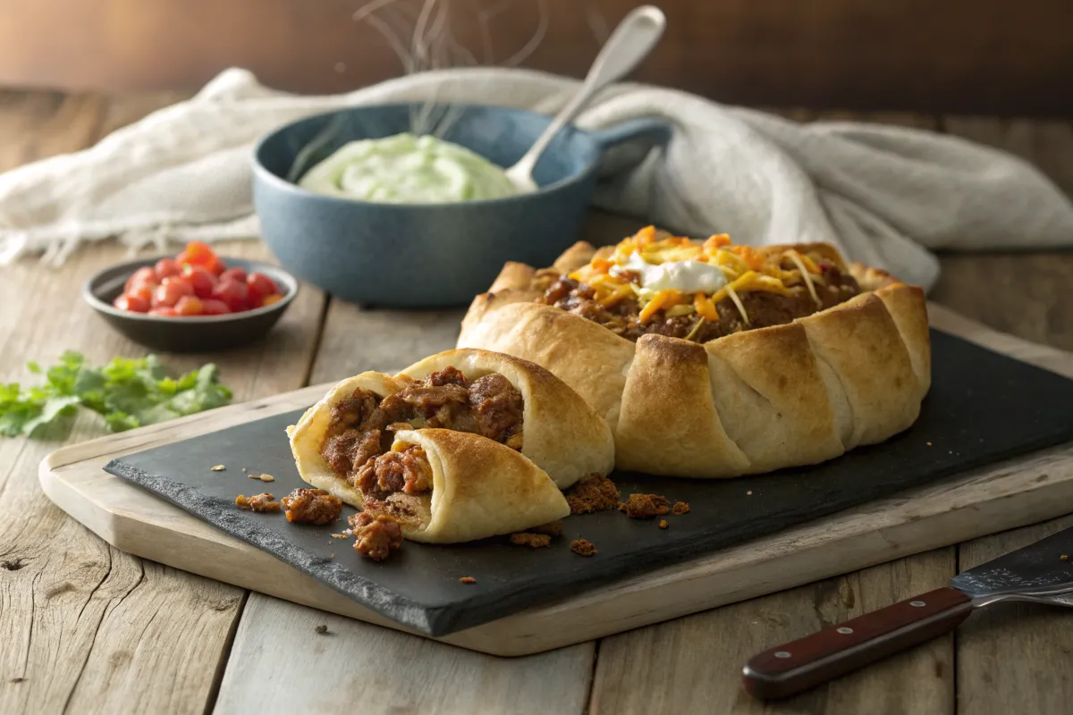 "A beautifully baked Pillsbury Crescent Roll Taco Bake with golden crust and cheesy taco filling, garnished with sour cream and shredded cheese, served on a black slate board with fresh toppings in the background."