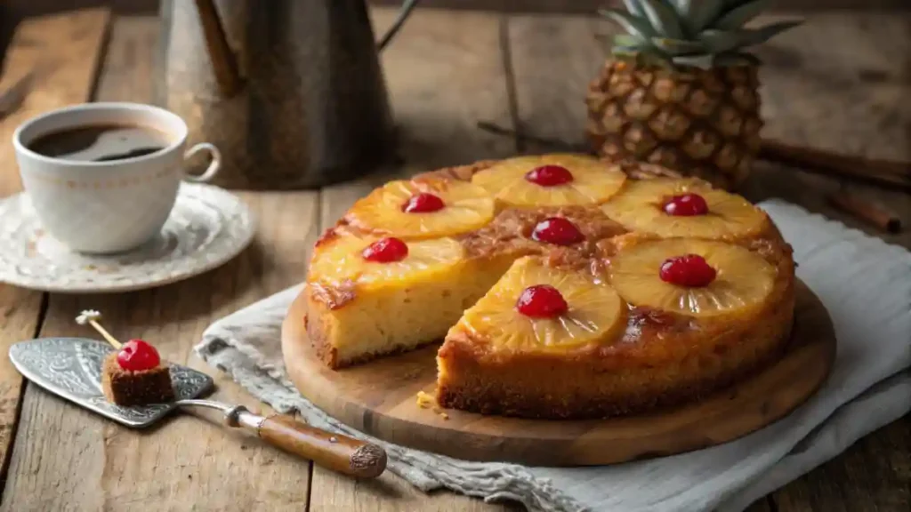 Golden Pineapple Upside Down Cake with caramelized pineapple rings and cherries on a rustic table.