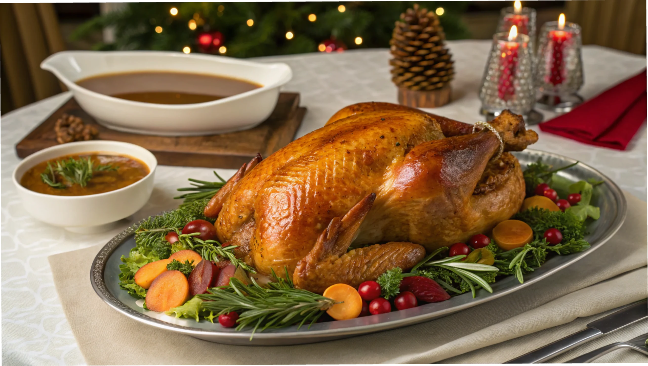 Perfectly roasted turkey with golden, crispy skin and juicy slices, served with herbs and vegetables.