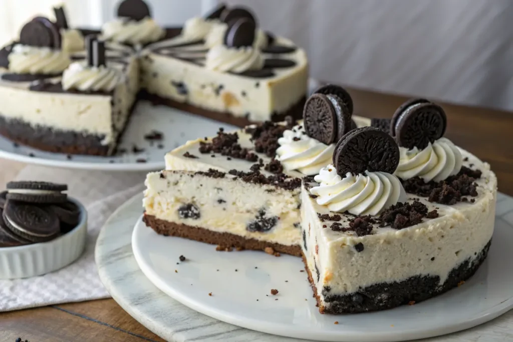 Sliced Oreo Cheesecake with whipped cream and mini Oreos.