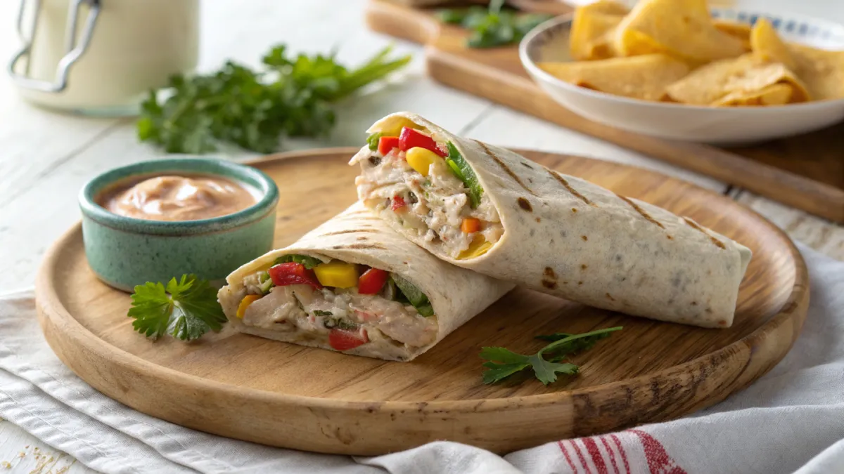 Healthy Tuna Melt Wrap with melted cheese and fresh veggies