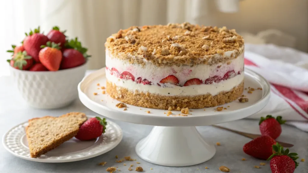 Homemade Strawberry Crunch Cake with creamy layers and a golden, crunchy topping.