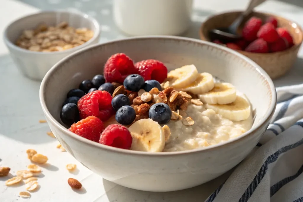 A bowl of rice pudding topped with fresh berries, banana slices, and chopped nuts.