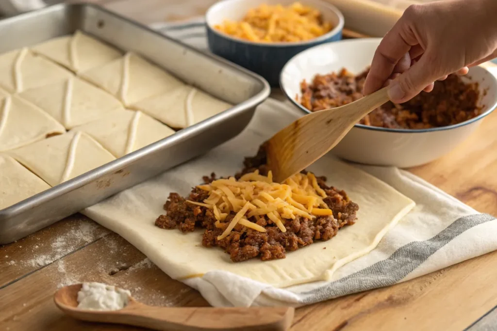 "A close-up action shot of assembling Pillsbury Crescent Roll Taco Bake, showing ground beef and cheese being placed on crescent dough before folding."