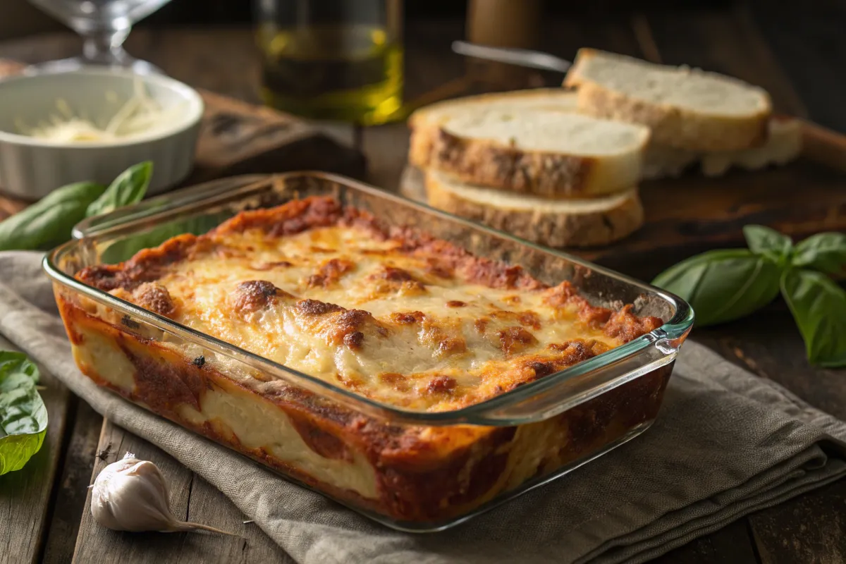 Close-up of a homemade lasagna with golden melted cheese and rich layers.