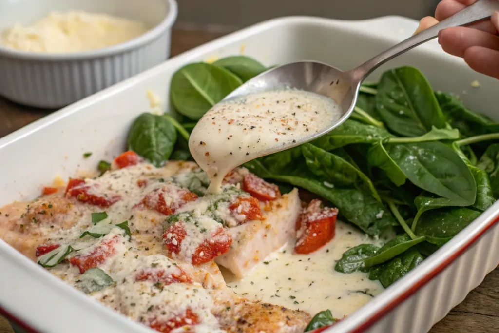 A baking dish being layered with chicken, fresh spinach, and a creamy sauce before baking.