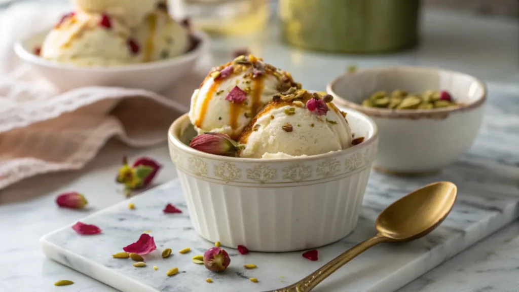 A close-up of beautifully plated Pistachio Rose Ice Cream, topped with honey drizzle, crushed pistachios, and rose petals.