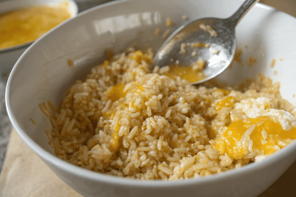 Cooked rice coated with beaten eggs before frying for Golden Egg and Onion Fried Rice.