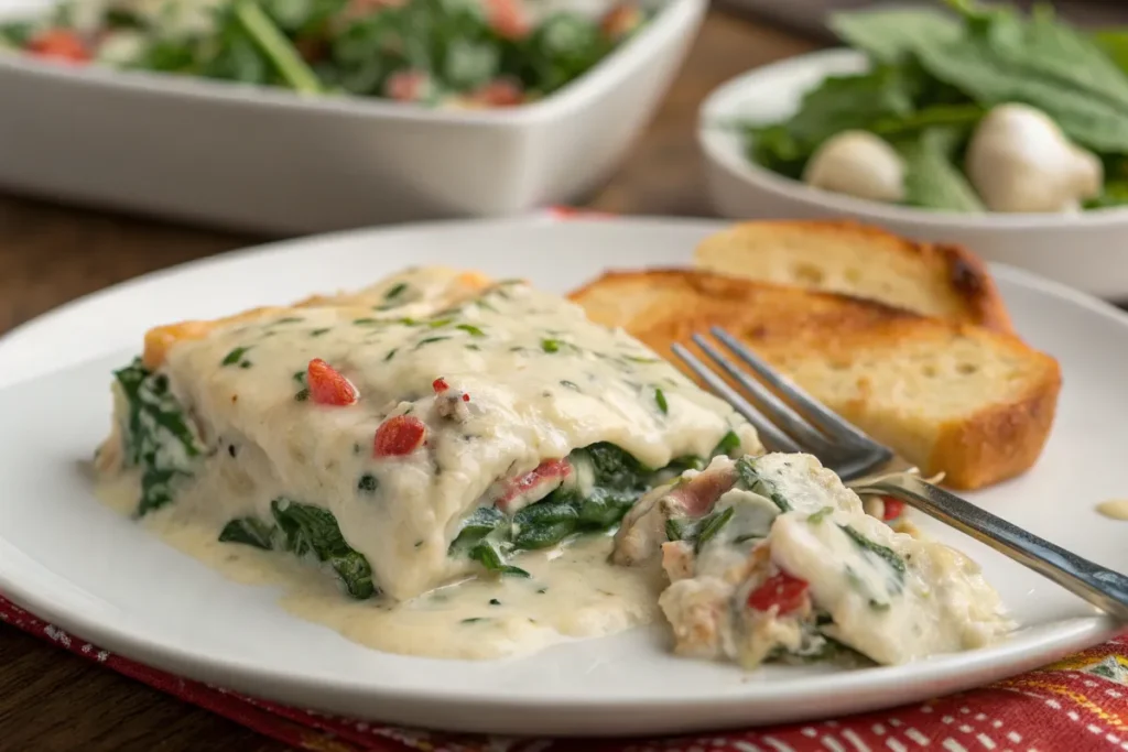 A plated serving of Creamy Chicken Spinach Bake with creamy sauce and a side salad.