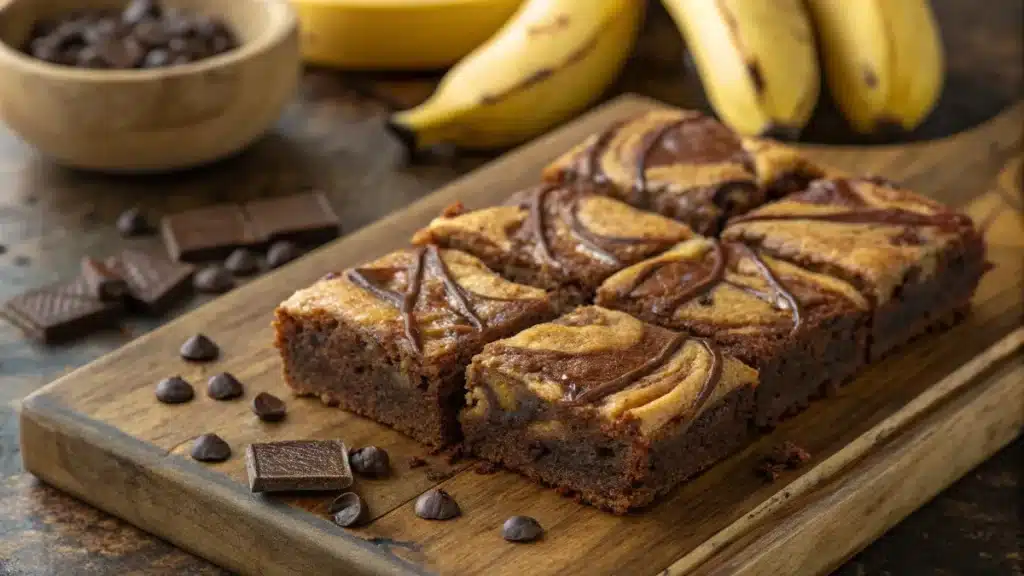 Banana bread brownie served with vanilla ice cream and chocolate drizzle.