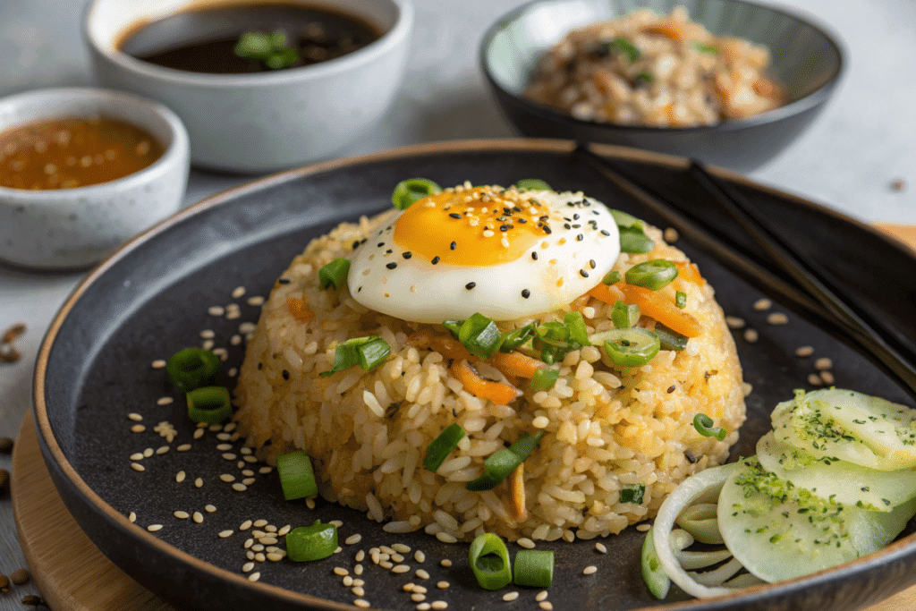 A plate of Golden Egg and Onion Fried Rice topped with a soft-boiled egg, sesame seeds, and green onions.