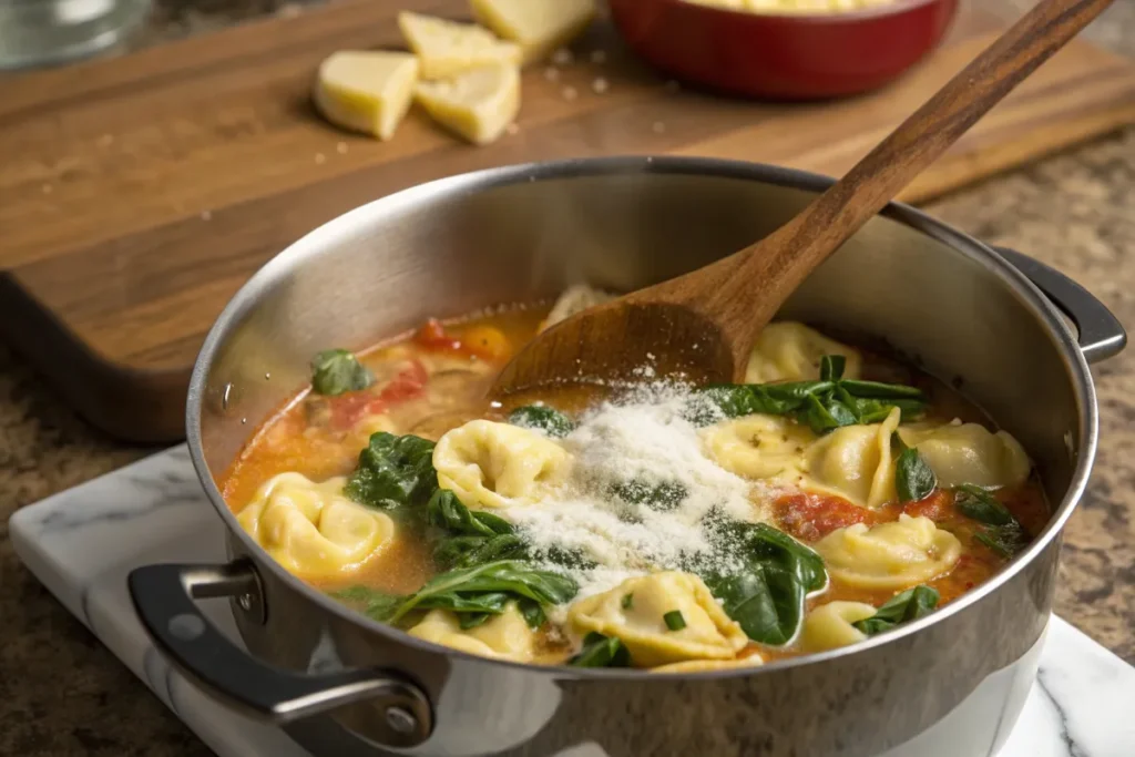 A close-up of Tuscan Tortellini Soup being prepared in a stainless steel pot, with fresh spinach, tomatoes, and Parmesan.