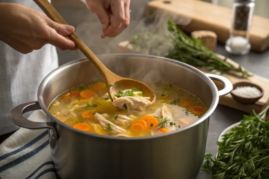 A close-up shot of a person stirring a pot of chicken soup with a wooden spoon, featuring broth, carrots, shredded chicken, and fresh herbs, with steam rising from the pot.