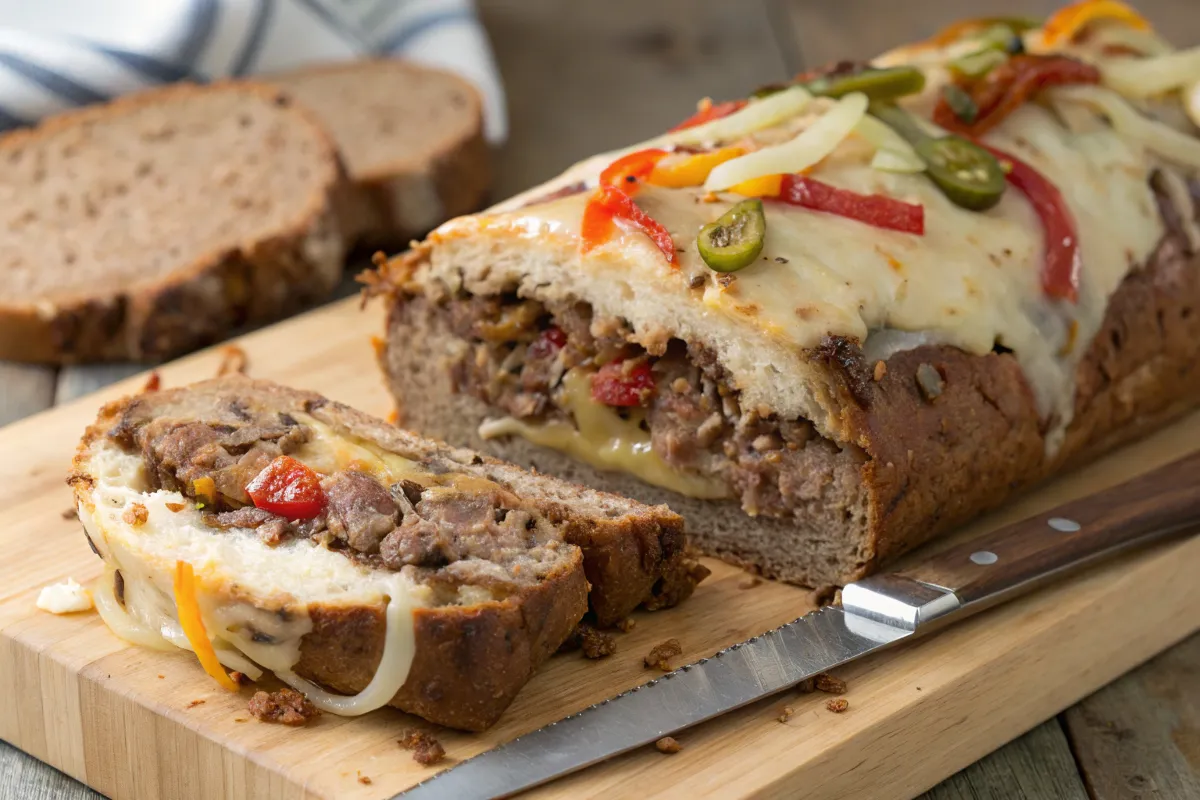 A freshly sliced Classic Philly Cheesesteak Meatloaf topped with melted cheese, peppers, and jalapeños on a wooden cutting board.