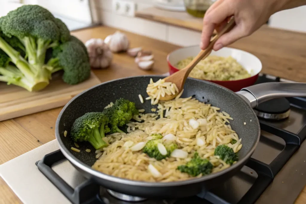 A close-up shot of a home cook stirring rice with Broccoli in a non-stick pan with fresh garlic and onions.