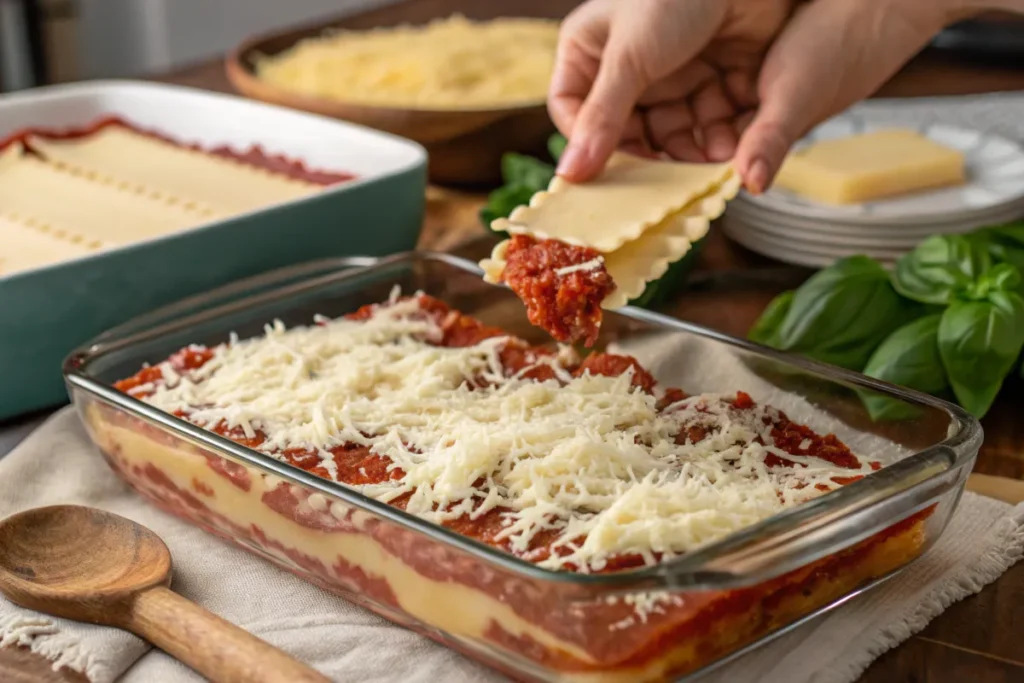 Home cook layering homemade lasagna with ricotta, meat sauce, and cheese.