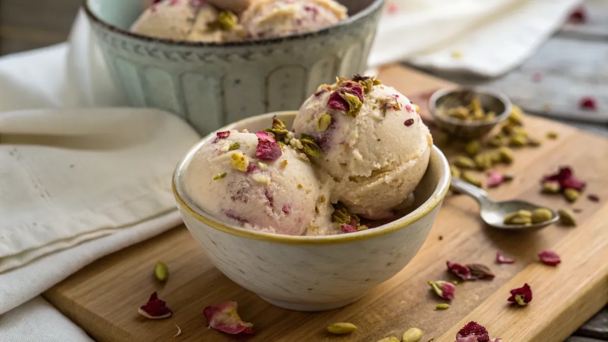 A close-up shot of a homemade Pistachio Rose Ice Cream in a rustic bowl, garnished with crushed pistachios and dried rose petals.