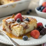 A slice of French Toast Casserole served on a plate with syrup.