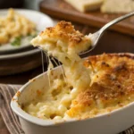 Spoonful of creamy, gooey baked mac and cheese with golden crust.