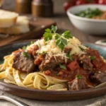 Tasty Garlic Parmesan Beef served hot with cheesy goodness