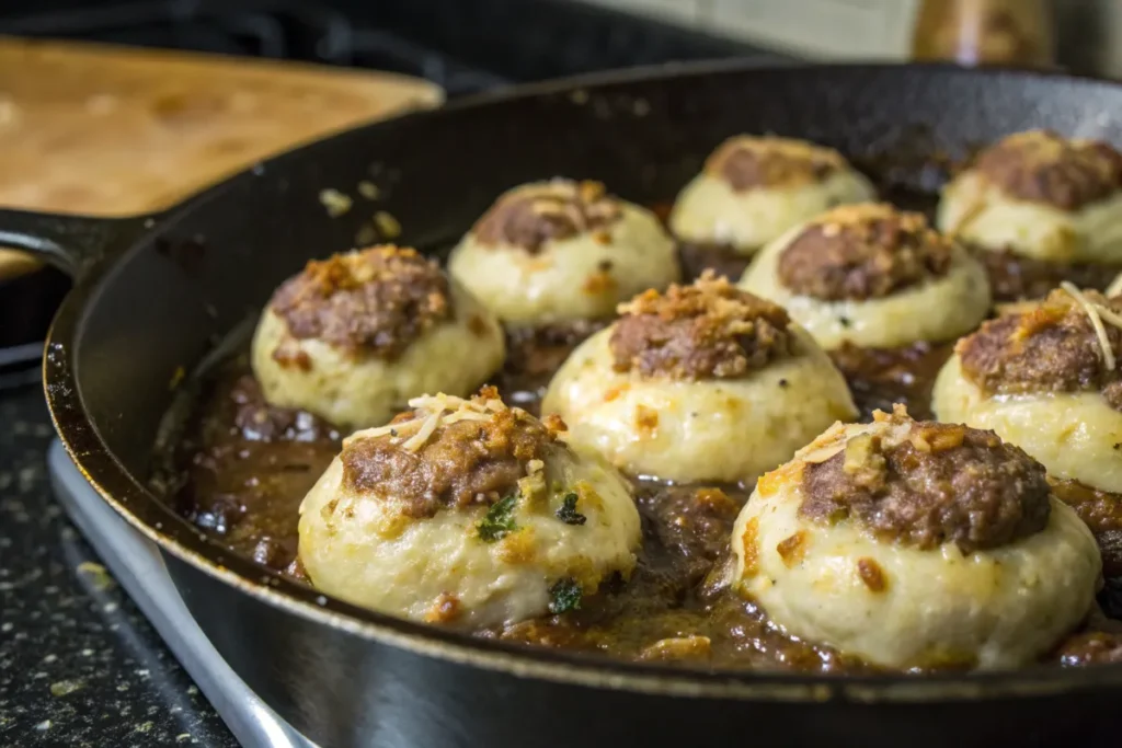 "A close-up shot of Garlic Parmesan Cheeseburger Bombs mid-cooking in a cast iron skillet, showing golden tops and bubbling sauce."