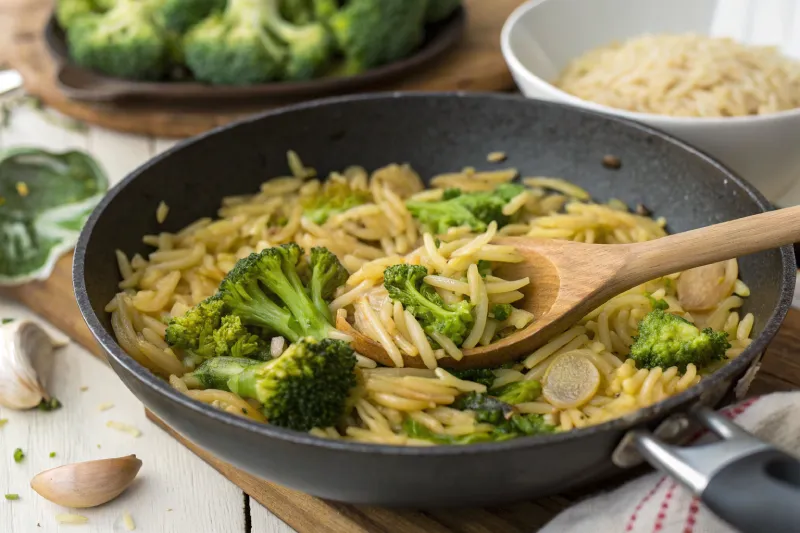 A close-up shot of rice  with Broccoli cooking in a pan, stirred with a wooden spoon, surrounded by fresh ingredients.