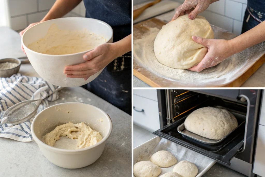 Step-by-step collage of mixing, kneading, fermenting, and baking sourdough bread