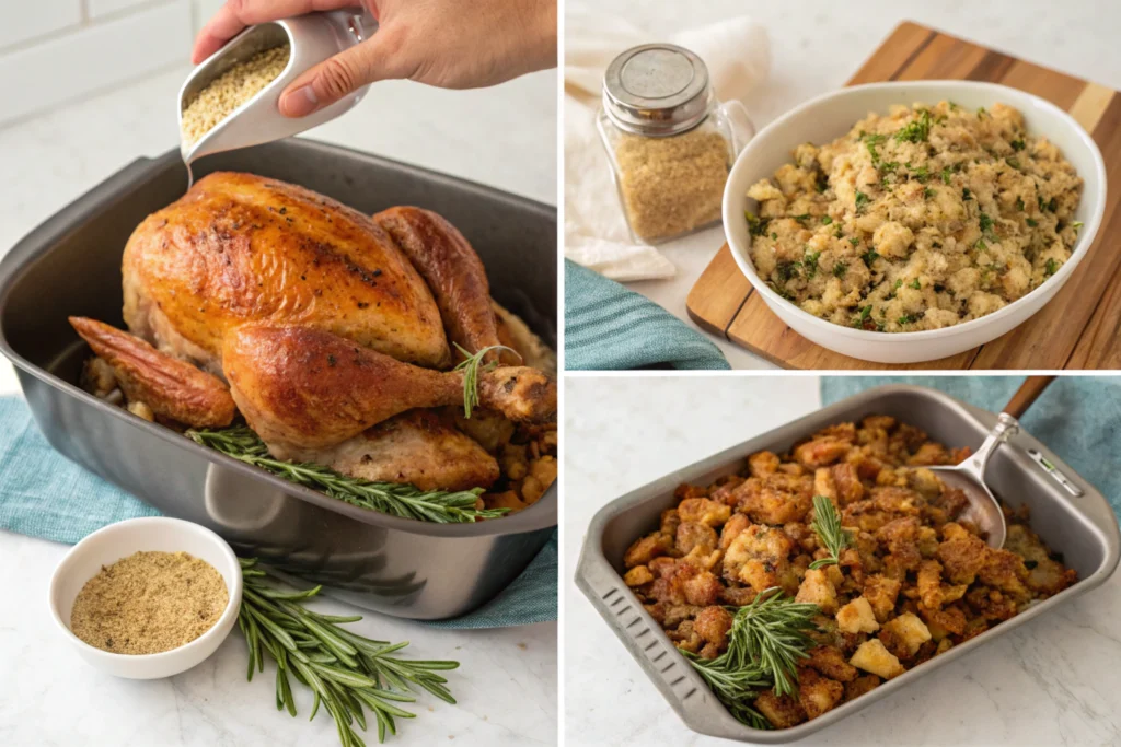 Step-by-step guide showing seasoning, stuffing, roasting, and carving the Perfect Turkey Roaster Recipe.