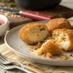 "Close-up of Chicken Cheese Balls on a plate, one cut open to show a gooey cheese center, served with dipping sauce."