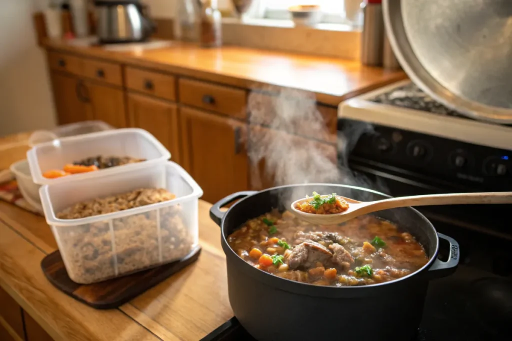 A portion of Hearty Beef Barley Soup being reheated on the stove, with a labeled storage container in the background.