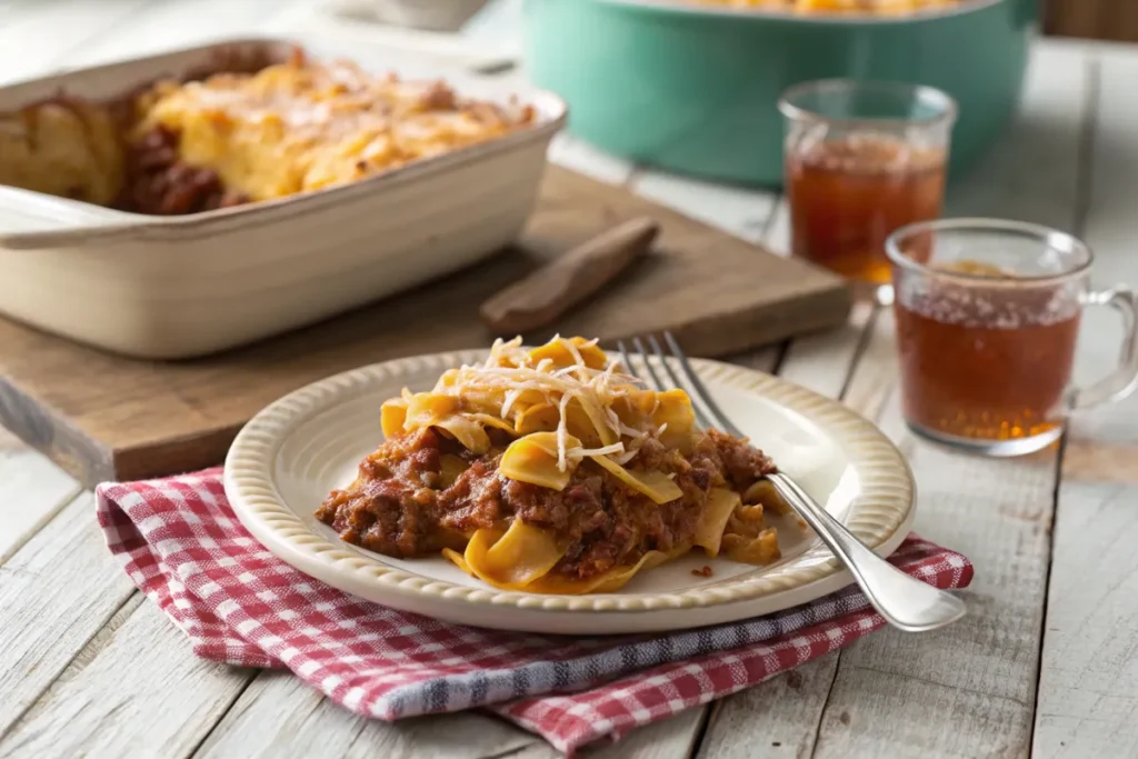 "A plated serving of Poor Man Husband Casserole with a fork, sitting on a red checkered napkin, and casseroles in the background."