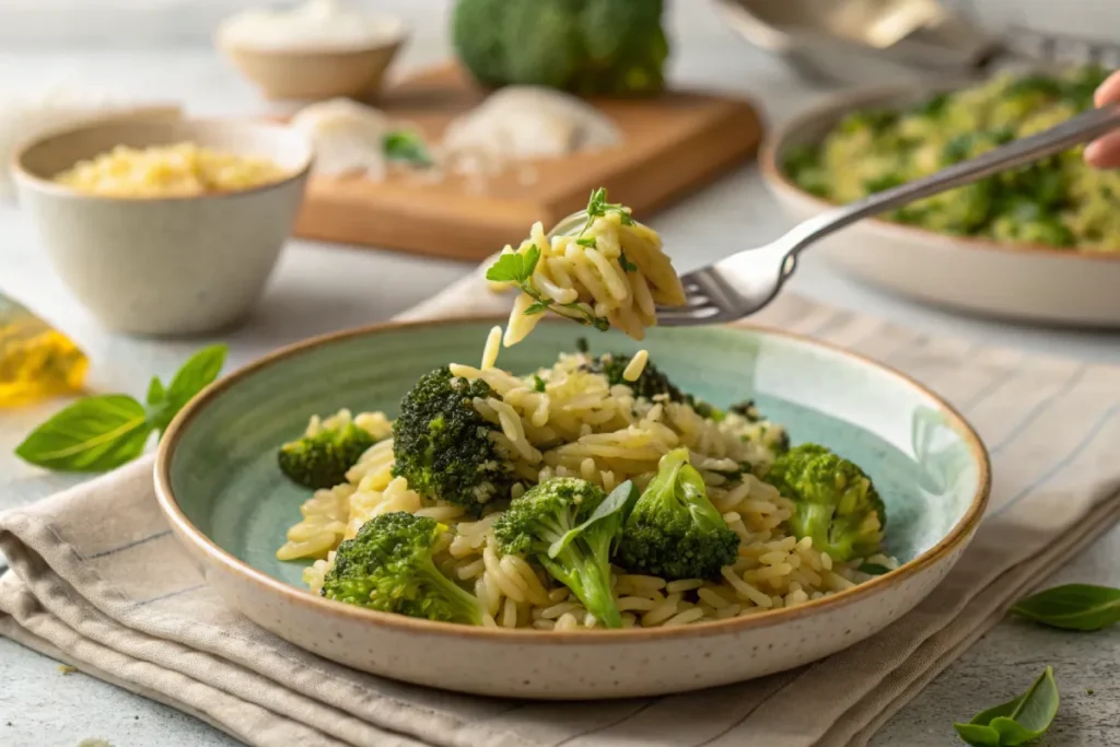 A delicious serving of rice with Broccoli on a ceramic plate, with a fork lifting a bite.