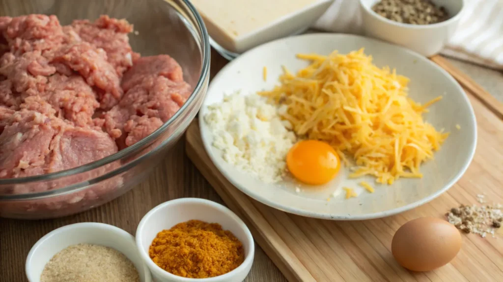 "Close-up shot of fresh ingredients for Chicken Cheese Balls, including ground chicken, grated cheese, spices, and an egg."