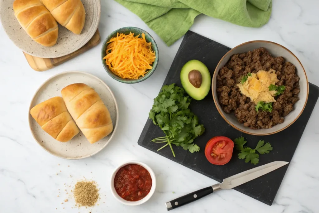 "A flat-lay arrangement of fresh ingredients for Pillsbury Crescent Roll Taco Bake, including crescent rolls, seasoned ground beef, shredded cheddar cheese, avocado, cilantro, tomato, salsa, and taco seasoning."