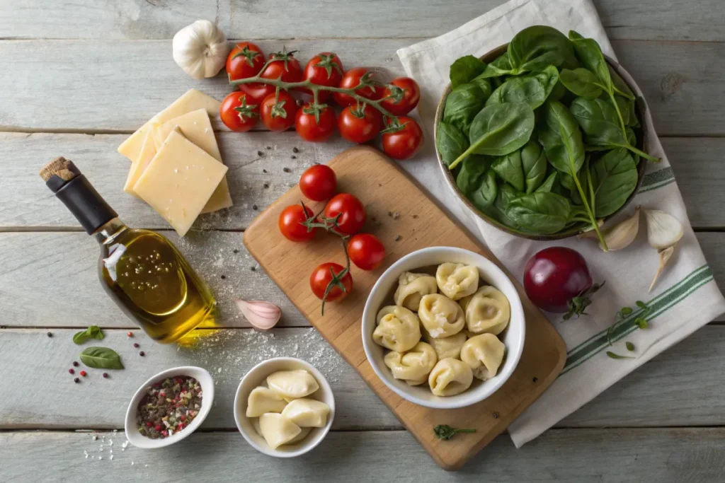 A flat-lay of fresh ingredients for Tuscan Tortellini Soup, including tortellini, spinach, cherry tomatoes, Parmesan cheese, and olive oil.