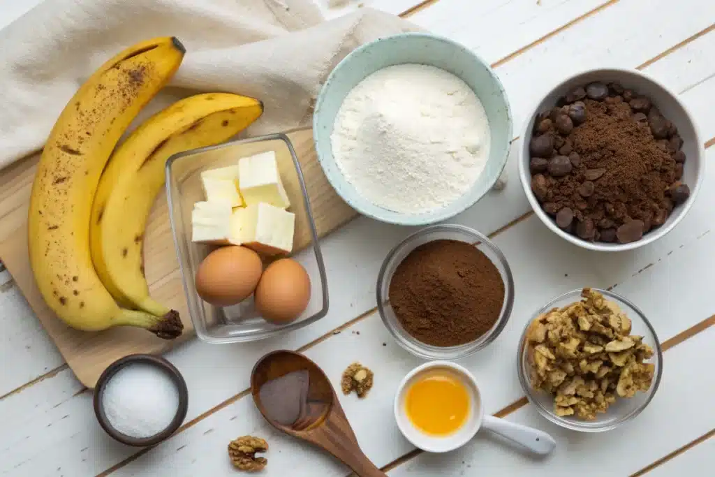 Ingredients for banana bread brownies, including bananas, cocoa, and flour.