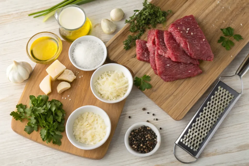  Ingredients for Garlic Parmesan Beef, including garlic, Parmesan, beef, and seasonings.