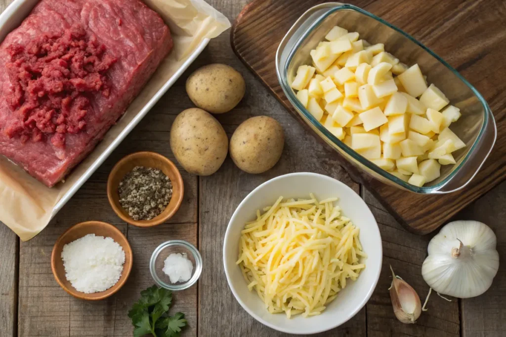  Ingredients for Meat & Potato Casserole, including beef, potatoes, cheese, and seasonings.