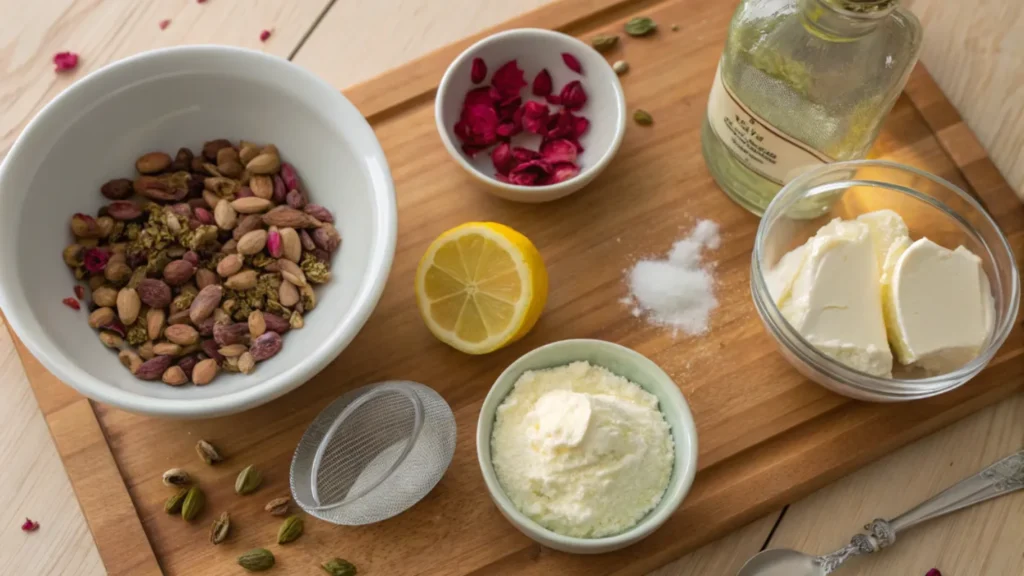 A flat lay of fresh ingredients for homemade Pistachio Rose Ice Cream, including pistachios, rose petals, cream cheese, and lemon.