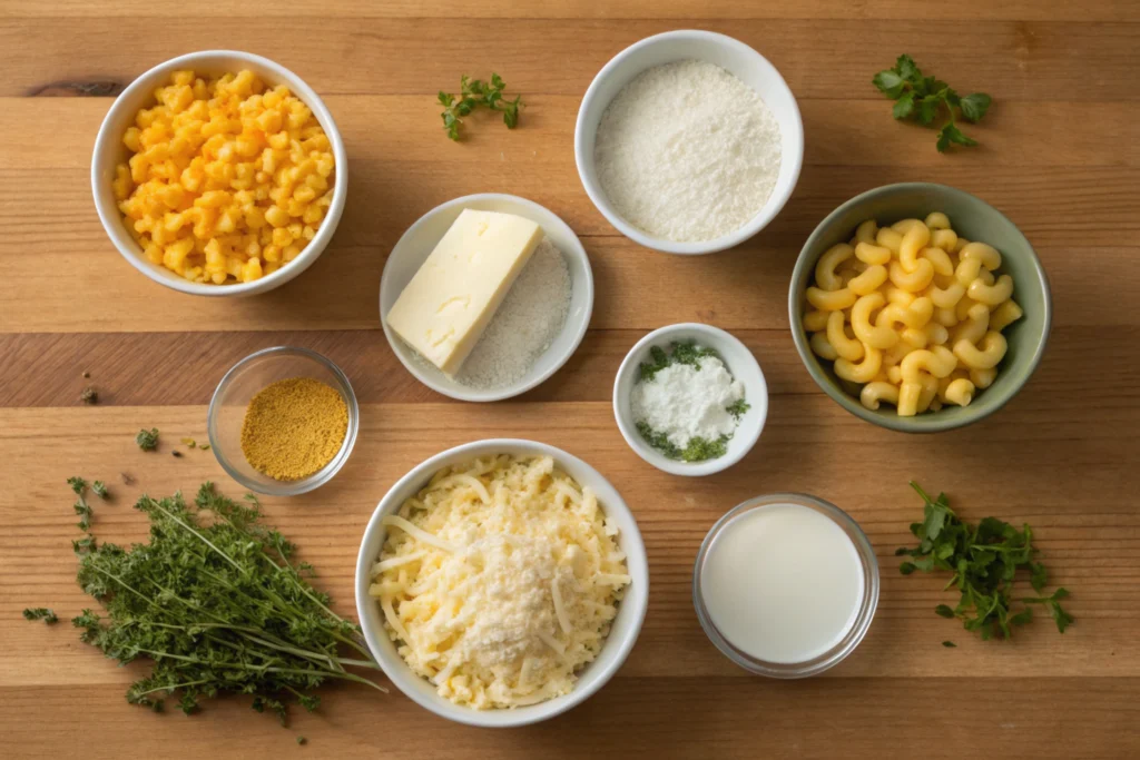 Ingredients for baked mac and cheese – macaroni, cheeses, milk, butter, and breadcrumbs.