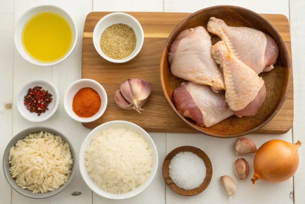  Flat lay of ingredients for oven-baked chicken and rice, including chicken, rice, and spices.