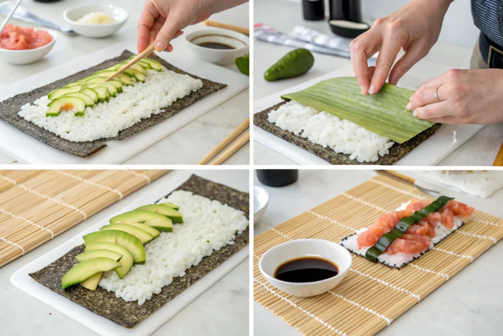 Four-step process of making New-York Rolls: spreading rice, adding fillings, rolling, and slicing.