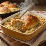 Freshly baked chicken and rice in a dish, golden and ready to serve.