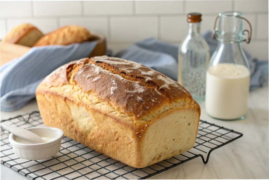 Sourdough bread slices with butter and jam on a rustic table