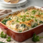 A golden, cheesy Creamy Chicken Spinach Bake fresh out of the oven with parsley garnish.